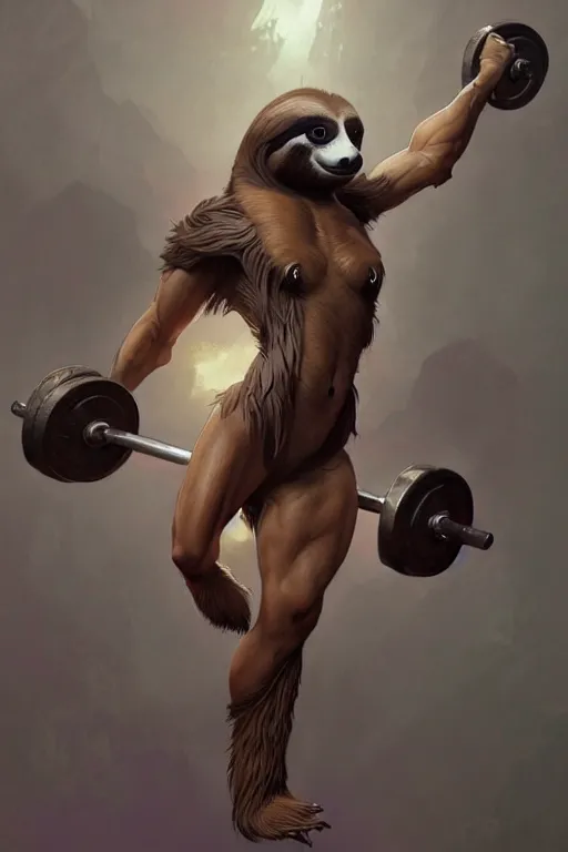 Image similar to anthro sloth lifting weights, dim dingy gym, dynamic pose, fantasy, intricate, elegant, highly detailed, digital painting, artstation, concept art, matte, sharp focus, illustration, art by artgerm and greg rutkowski and alphonse mucha