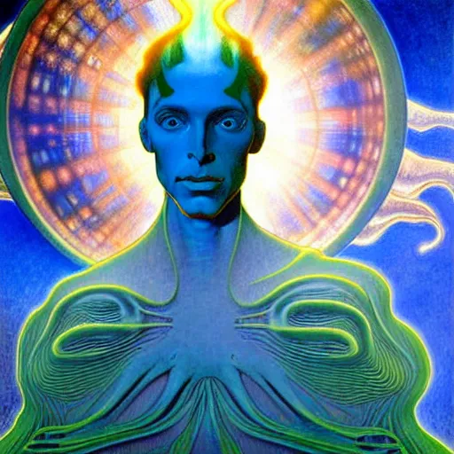 Image similar to realistic extremely detailed portrait painting of a glowing male silhouette, futuristic sci-fi landscape on background by Jean Delville, Amano, Yves Tanguy, Alphonse Mucha, Ernst Haeckel, Edward Robert Hughes, Roger Dean, rich moody colours, blue eyes