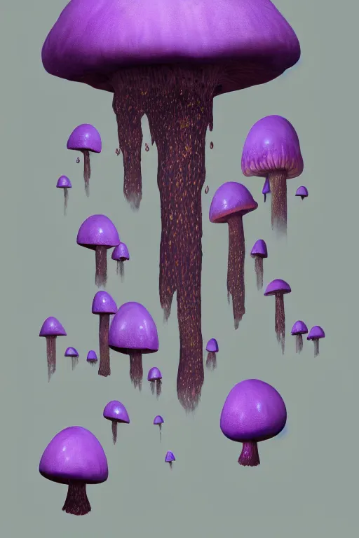 Image similar to Giant Mushroom Dripping Viscous Blobs of Purple Liquid from its Cap, fantasy, digital illustration, realistic, trending on artstation, volumetric lighting, ultra detailed