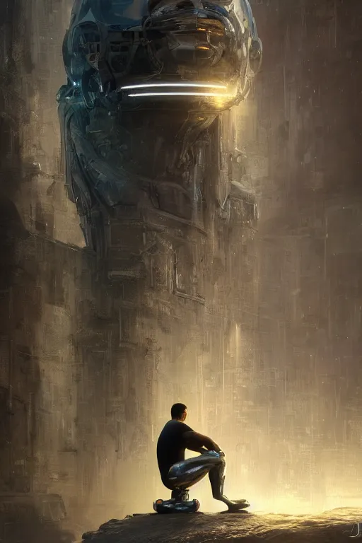 Image similar to the thinker as an i robot, intricate, elegant, volumetric lighting, scenery, digital painting, highly detailed, artstation, sharp focus, illustration, concept art, luis rollo, ruan jia, steve mccurry, john berkey