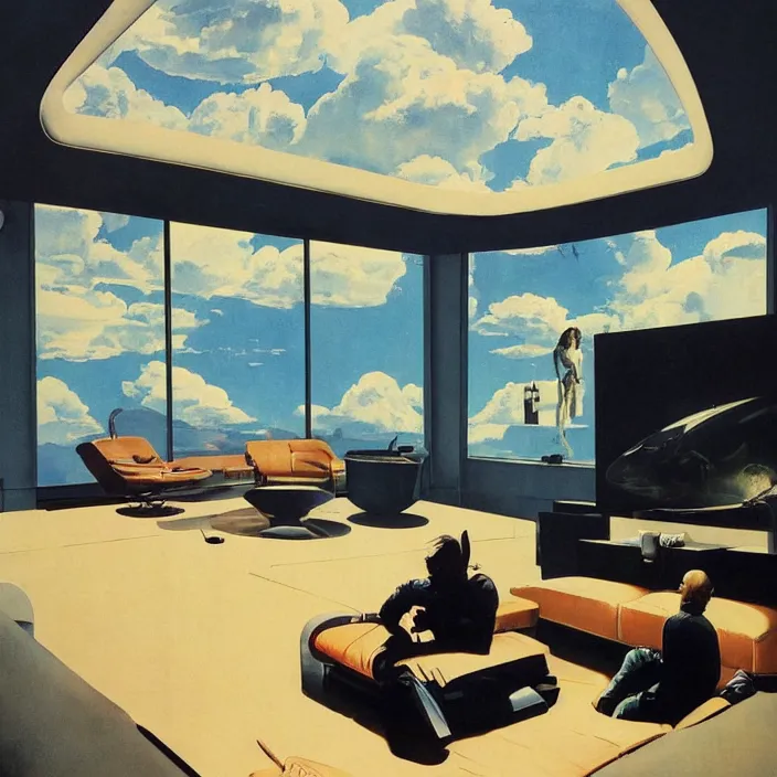 Image similar to a futuristic minimalist lounge room with a big window opening up to a wide open meadow with billowing clouds in the sky. highly detailed science fiction painting by norman rockwell, frank frazetta, and syd mead. rich colors, high contrast, gloomy atmosphere. trending on artstation.