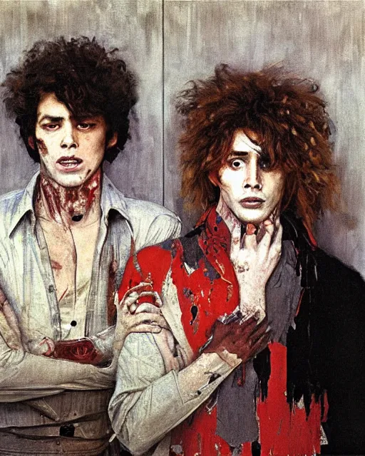 Image similar to two handsome but creepy siblings in layers of fear, with haunted eyes and wild hair, 1 9 7 0 s, seventies, wallpaper, a little blood, moonlight showing injuries, delicate embellishments, painterly, offset printing technique, by coby whitmore, jules bastien - lepage