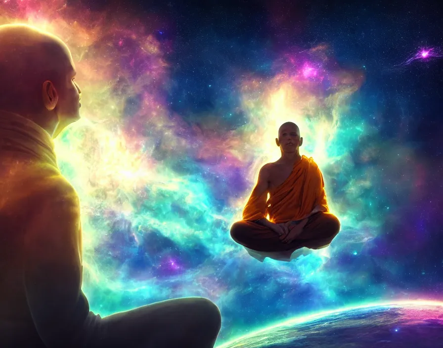 Image similar to energy meditating monk in space, nebula, stars, realistic, beautiful texture, beautiful graphics, fantasy artwork, very beautiful scenery, hd, hdr, ue 5, ue 6, unreal engine 5, cinematic 4 k wallpaper, 8 k, ultra detailed