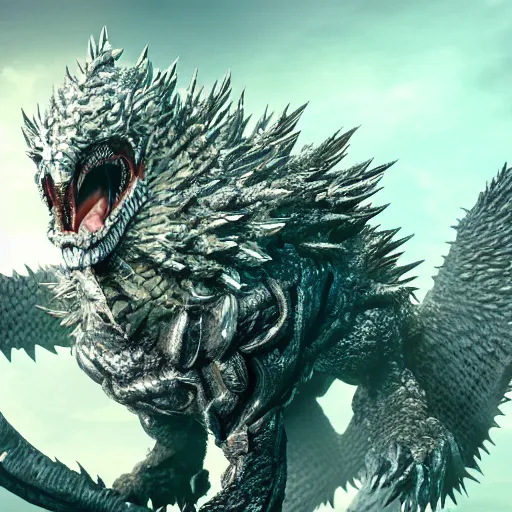 Image similar to evil spiky silver bubble screaming eagle kaiju, cinematic, epic scale, hyper detailed, photorealistic, rule of thirds, 8 k.