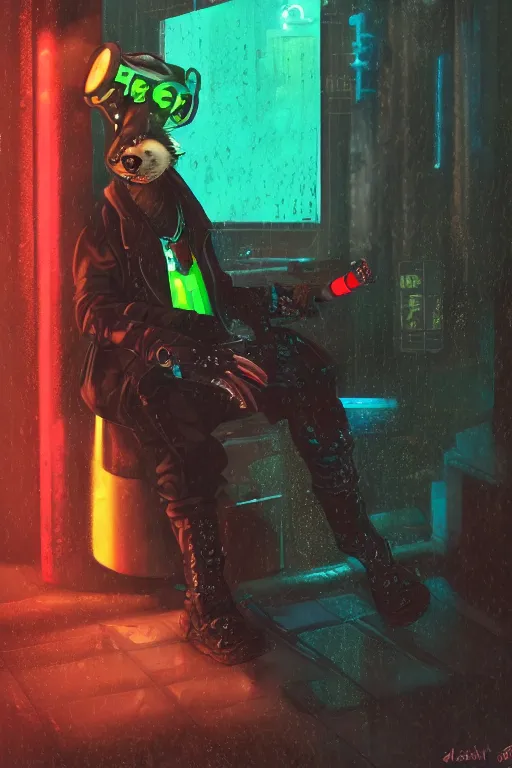 Image similar to digital painting of anthromorphic hyena female smoking cigarrete in cyberpunk style, fursona, furry fandom, neon rainy cyberpunk setting, anthro, wearing cyberpunk leather jacket, detailed face,