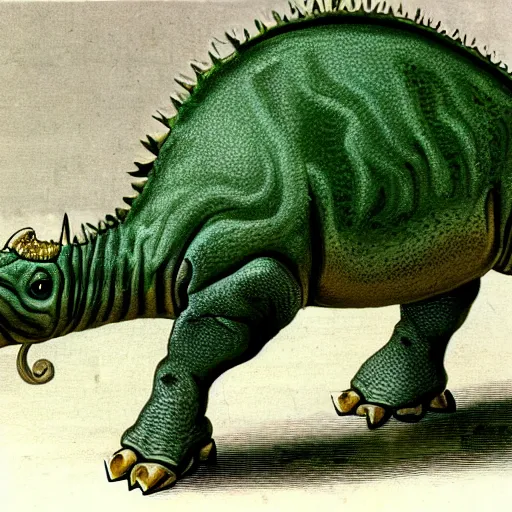 Prompt: A natural history illustration of a green Triceratops by John Gould and Elizabeth Gould