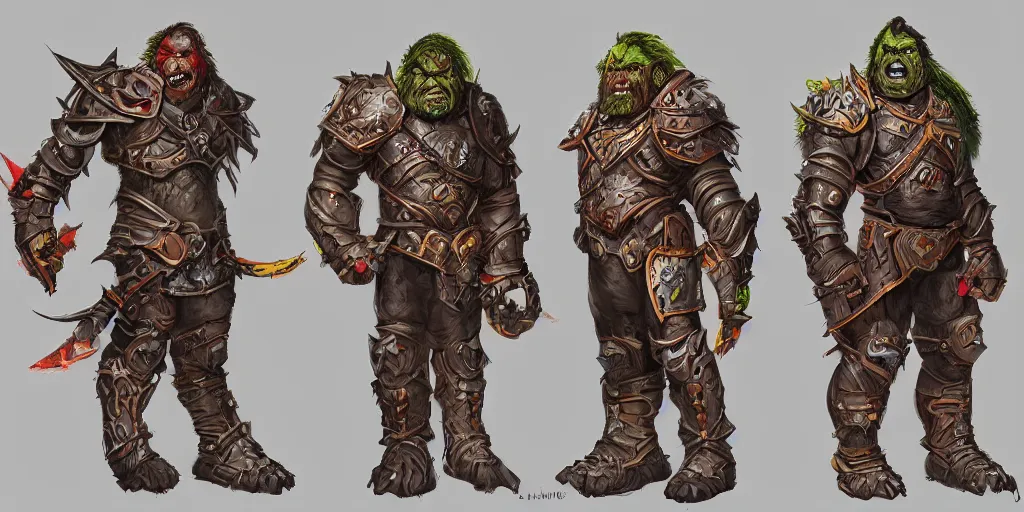 Image similar to different views of orcs in armour, colourful intricate!! concept art by senior character artist, trending on artstation, full body character design