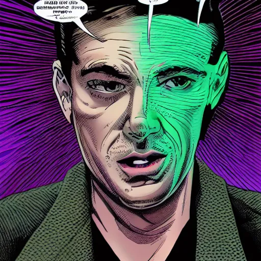 Prompt: portrait of main character of Neuromant book, high detailed, wide and straight in face angle, in the background big mainframe with python code running on it(black and green color) many wires. volumetric light, epic light, by Steve Dillon, Glenn Fabry, Matt Hollingsworth, Pamela Rambo in style of Preacher comics(1995-2000)