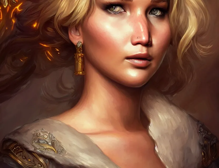 Image similar to Jennifer Lawrence, closeup, D&D, fantasy, intricate, elegant, highly detailed, digital painting, artstation, concept art, matte, sharp focus, illustration, hearthstone, art by Artgerm and Greg Rutkowski and Alphonse Mucha