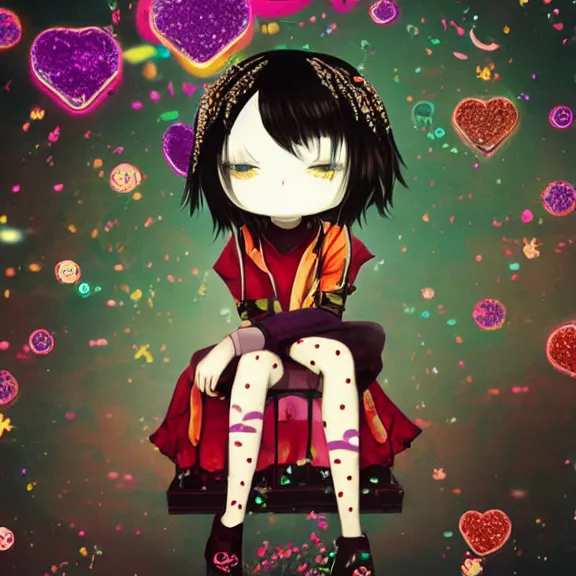 Image similar to photo of a emo manic pixie dream girl, 8k, portrait | sanrio glitchcore yokai girl, shadowverse character concept, found footage horror, glitter gif