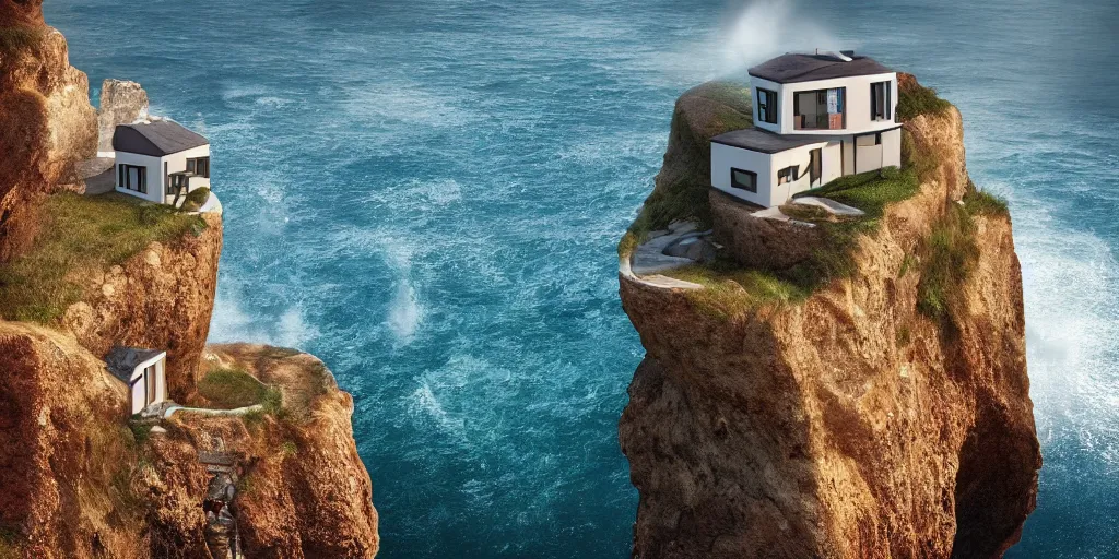 Prompt: a house on a cliff by the ocean by mike campau