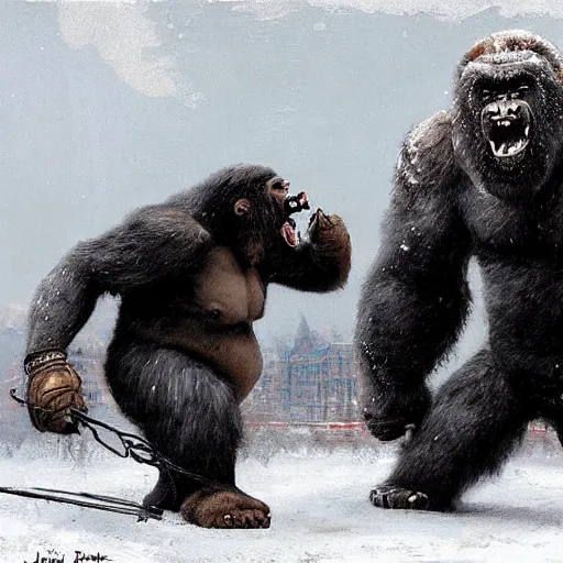 Image similar to angry and aggressive king kong in winter moscow, digital painting, very detailed, art by jakub rozalski