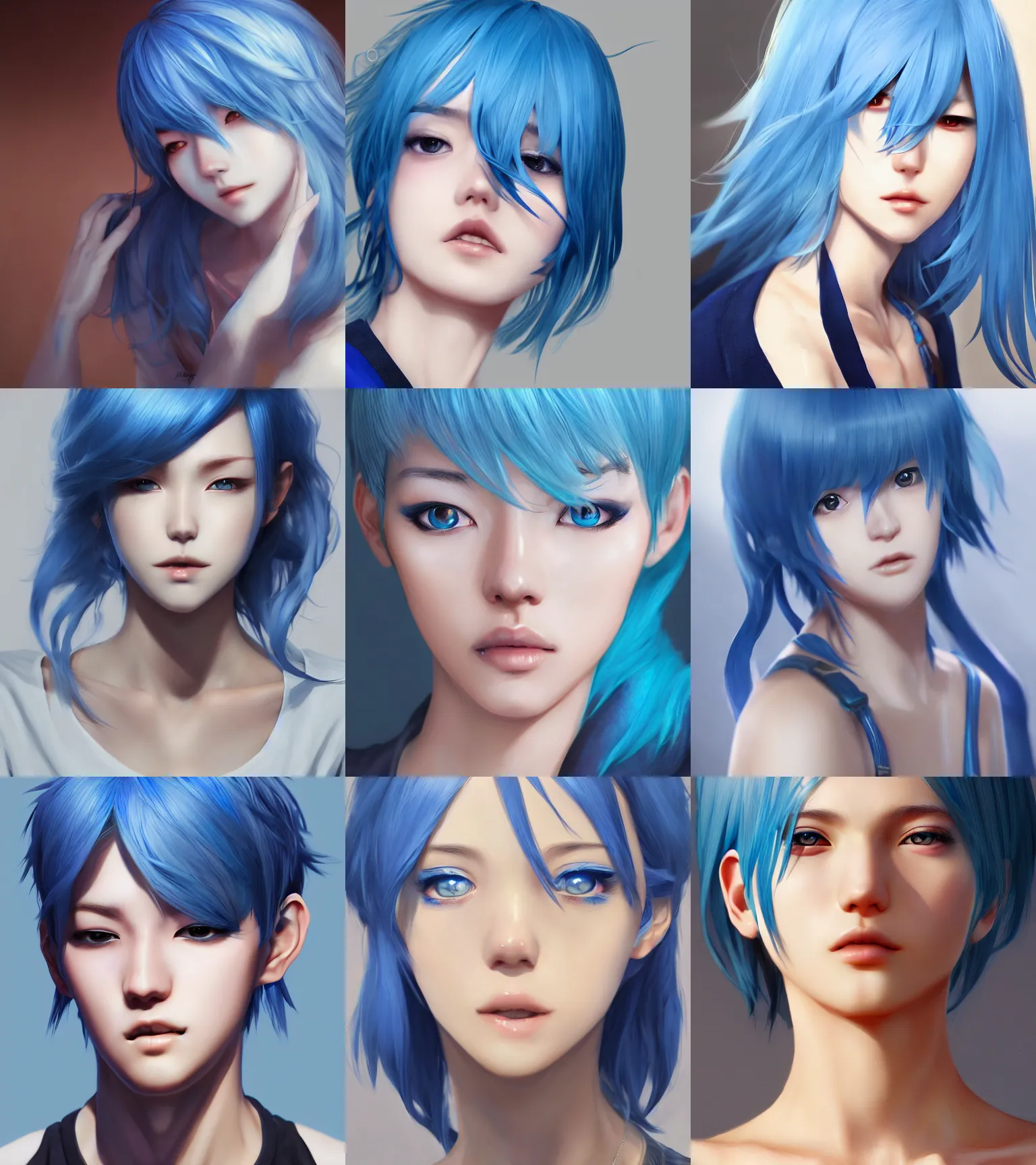 Prompt: realistic beautiful gorgeous natural Persona 3 androgynous protagonist with blue hair, art drawn full HD 4K highest quality in artstyle by professional artists WLOP, Taejune Kim, yan gisuka, JeonSeok Lee, artgerm, Ross draws, Zeronis, Chengwei Pan on Artstation