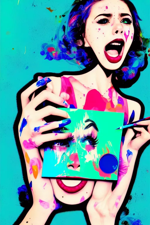 Image similar to girl screamin yolo - aesthetic, smooth painting, remove duplicate every seed image, 4 k, illustration, comical, acrylic paint style, pencil style, torn cosmo magazine style, pop art style, ultrarealism, by mike swiderek, jorge lacera, ben lo, tyler west