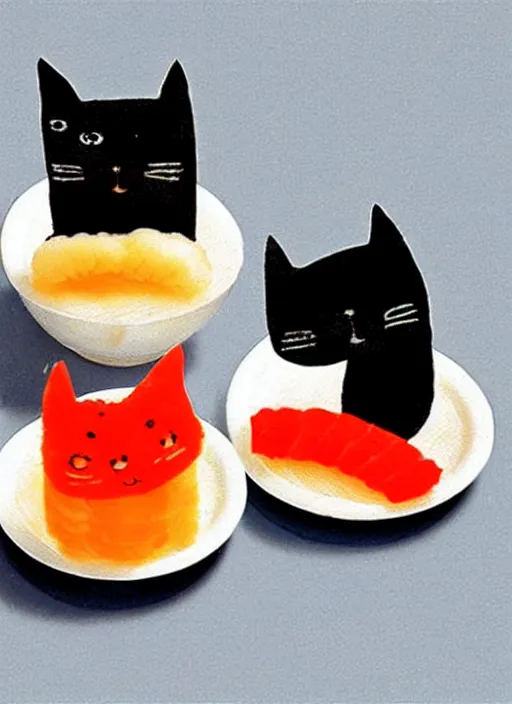 Image similar to clear surrealist painting of adorable cats made from sushi rice, sitting on sushi plates with garnish