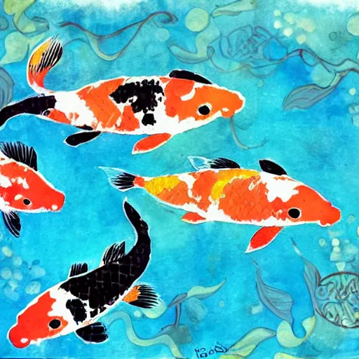 Prompt: some koi carp, swimming in a pool, ink, acrylics, collage, style of lily greenwood