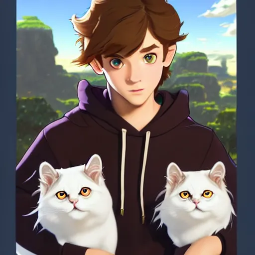 Prompt: teen boy with brown hair and big blue eyes, wearing a hoodie, holding a fluffy white persian cat, natural lighting, path traced, highly detailed, high quality, digital painting, by don bluth and ross tran and studio ghibli and alphonse mucha, artgerm, breath of the wild