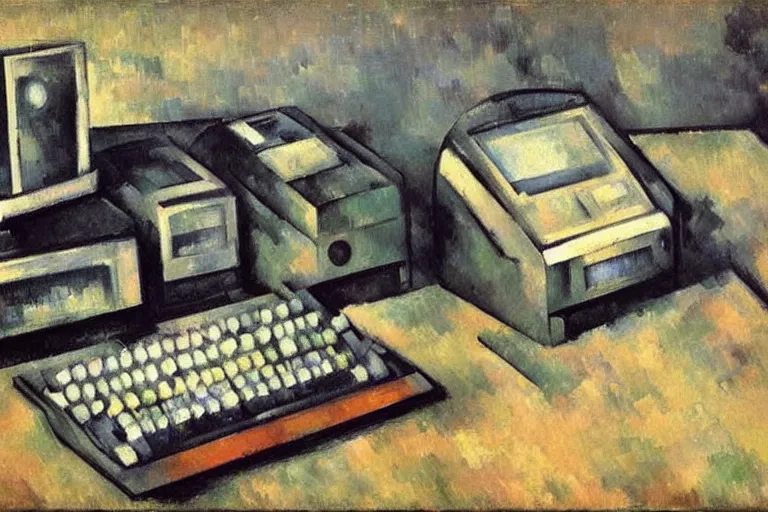 Image similar to still life painting of vintage computers by Paul Cézanne, oil on canvas, strong lighting, highly detailed, hyper realism, HD, 4K