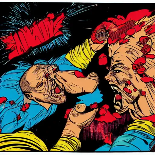 Prompt: a comic book style drawing of Homelander punching a person in the face causing the face to explode, digital art, comic book style, detailed, bloody, gory image