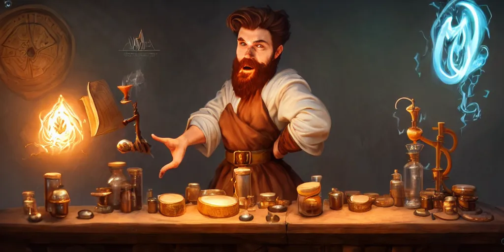 Image similar to a handsome bearded white male sorcerer with brown hair he is casting a spell, he is in a alchemist workshop filled with beakers and equipment, neutral pose, sharp focus, waist up, epic composition, 4 k, by rudy siswanto and anna podedworna