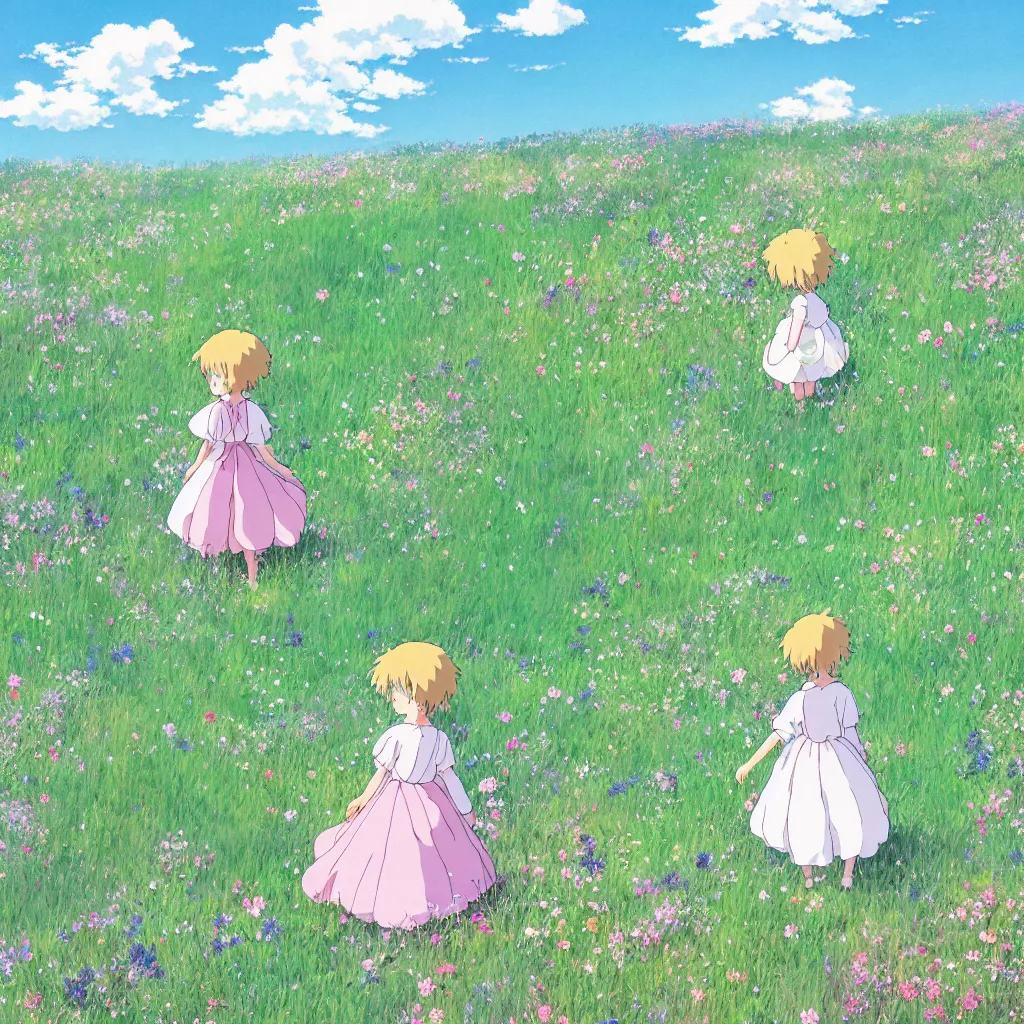 Image similar to little girl in princess dress, walking alone through a field of flowers, puffy clouds, beautiful, summer, calm, studio ghibli, art by hayao miyazaki, makoto shinkai