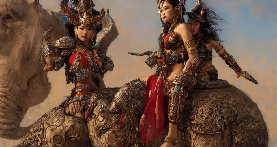 Prompt: portrait of the ethnic asian female wearing tribal armor, sitting on top of a war elephante poses by gaston bussiere, anna nikonova aka newmilky, greg rutkowski, yoji shinkawa, yoshitaka amano, tsutomu niehi