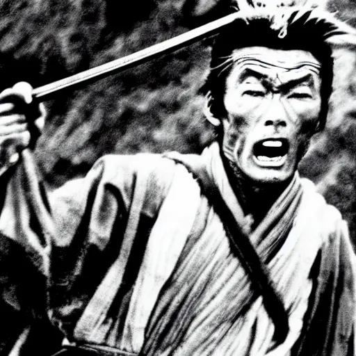 Prompt: clint eastwood as a samurai in seven samurai ( 1 9 5 4 ). grainy movie still