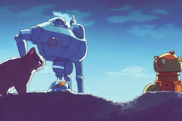 Image similar to A cell animation of a robot and a cat, Nausicaa of the Valley of the Wind, Miyazaki Hayao, ghibli style, illustration, azure tones, vintage colors, anime, trending on artstation