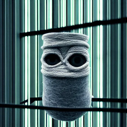 Image similar to portrait photo of a wool sock with giant eyes, face made from thick cyberpunk wires, extremely high details, realistic, by MC Escher and Rene Margitte and victor enrich