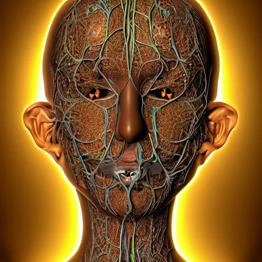 Prompt: face portrait, 150 mm, anatomical, flesh, flowers, mandelbrot fractal, veins, arteries, symmetric, intricate, golden ratio, full frame, microscopic, elegant, highly detailed, ornate, ornament, elegant , luxury, beautifully lit, ray trace, octane render in the style of peter Gric , alex grey and Romero Ressendi