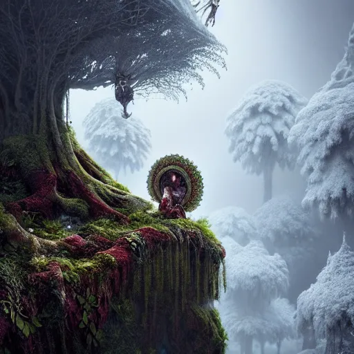 Image similar to ancient fallen god, lush trunda vegetation, snow :: by Michal Karcz, Daniel Merriam, Victo Ngai and Guillermo del toro :: ornate, dynamic, particulate, intricate, elegant, highly detailed, centered, artstation, smooth, sharp focus, octane render, 3d