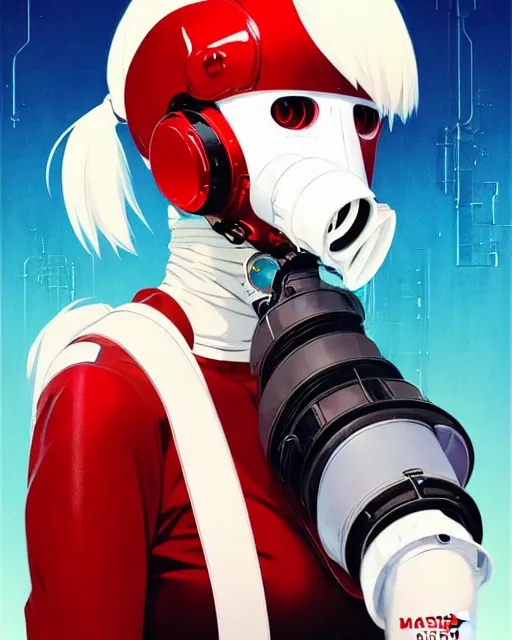 Image similar to white haired cyborg girl wearing gas mask and red dress | | audrey plaza, fine detail!! anime!! realistic shaded lighting!! poster by ilya kuvshinov katsuhiro otomo ghost - in - the - shell, magali villeneuve, artgerm, jeremy lipkin and michael garmash and rob rey