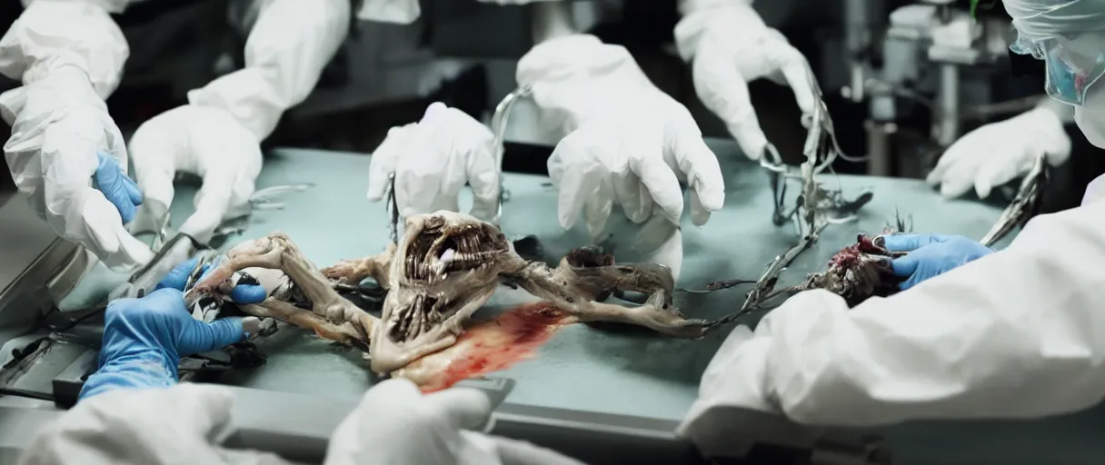 Image similar to filmic dutch angle extreme closeup movie still 4 k uhd 3 5 mm film color photograph of hands wearing surgical gloves dissecting a deceased mysterious grotesque alien specimen in a lab