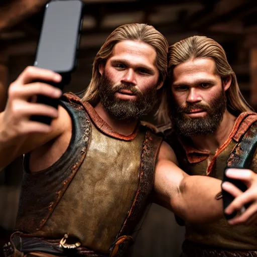 Prompt: Two viking brothers taking a selfie in a crowded tavern, anatomically correct, dof, Arnold Render, intricately detailed, 8k