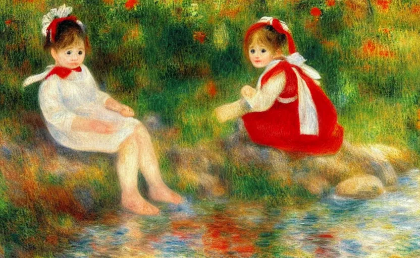 Prompt: a beautiful little girl, wearing white cloths, and a red bow in her hair, playing with the water, sitting by the side of a creek, in the painting style of renoir, 8 k, detailed, rule of thirds