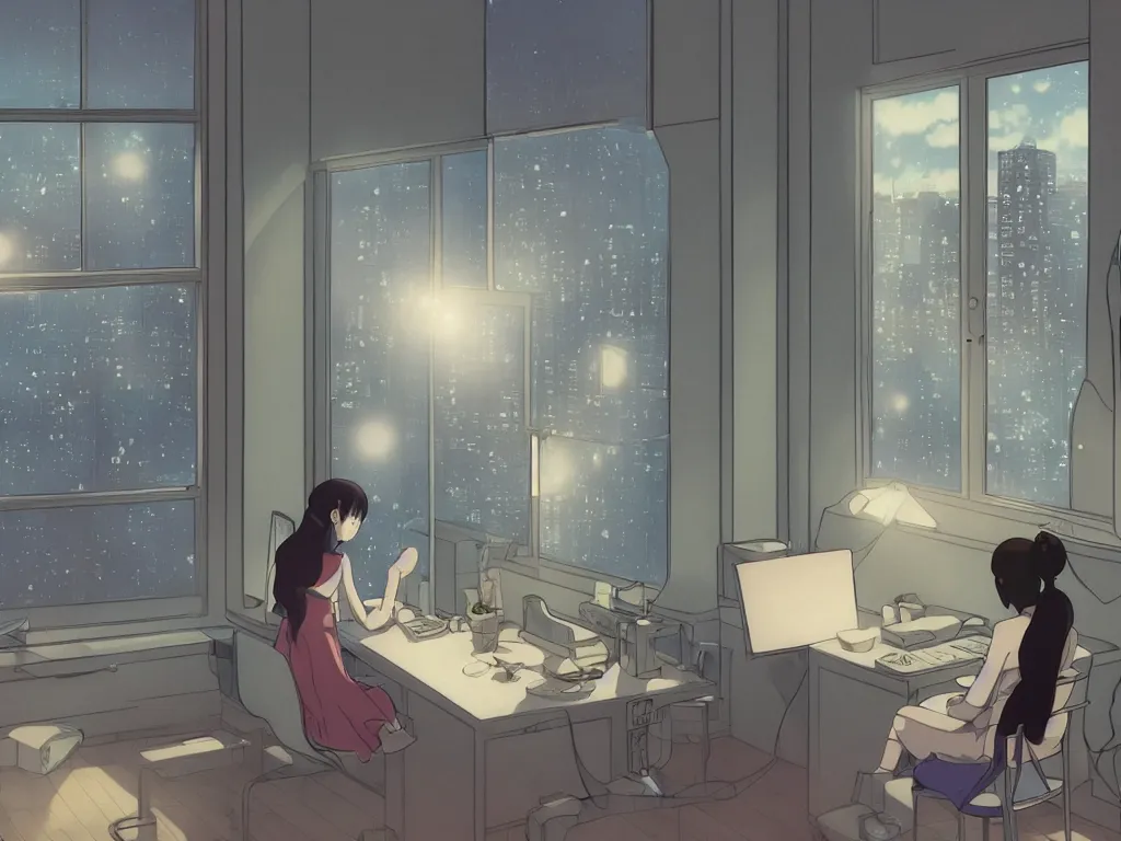 Prompt: beautiful drawing of a lonely female in her studio apartment sitting at her computer desk which is in front of a window which looks out to a futuristic city at night, japan, anime manga style, illustration, in the style of ghibli and hayao miyazaki and satoshi kon and shinichiro watanabe and makoto shinkai