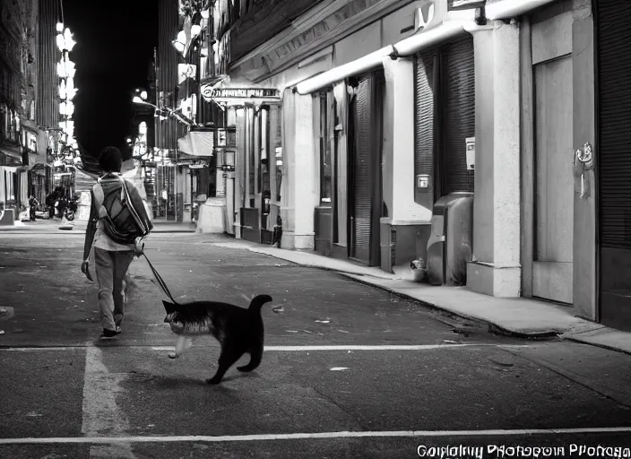 Image similar to photography of a Cat being carried in a backpack . in a new york street. award winning photo, led lighting, night, 130mm, sharp, high res