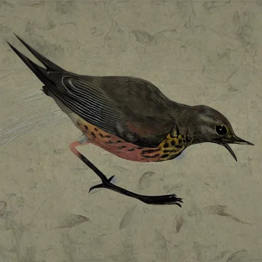 Prompt: a thrush bird wandering within the virtual realms of urban informatics and computational social science, artwork by dave mckean and ivan shishkin