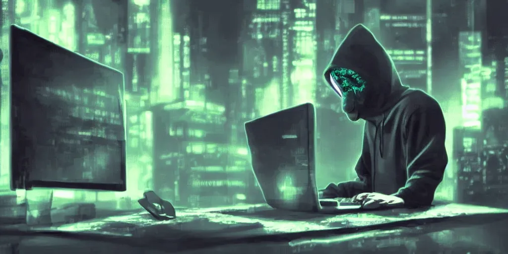 Prompt: donkey wearing a black hoodie sweatshirt in a dark room hacking into a computer using a laptop, matrix style falling green text in the background, vaporwave, cyberpunk