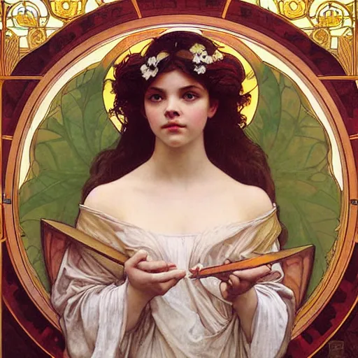 Prompt: detailed portrait art nouveau painting of the goddess of the sun who resembles Anya Taylor Joy, Chloe Grace Moretz, and Emma Watson in a art nouveau cathedral by Alphonse Mucha, Michael Whelan, William Adolphe Bouguereau, John Williams Waterhouse,