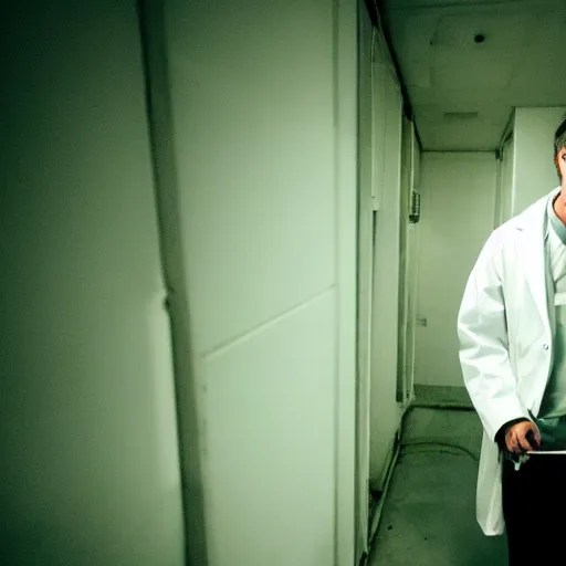 Image similar to a male scientist wearing a lab coat lost suit inside the very dark empty unsettling creepy backrooms, liminal space, flickering fluorescent lights, eerie mood