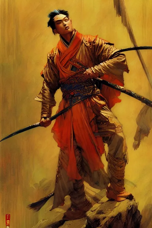 Prompt: wuxia, male, character design, colorful, painting by gaston bussiere, craig mullins, j. c. leyendecker, tom of finland