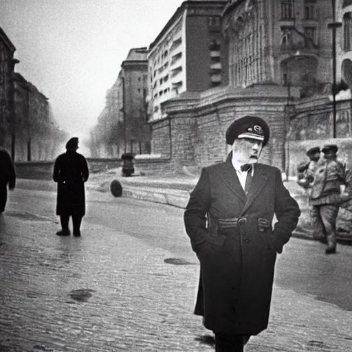 Image similar to leader of fascist hungary, viktor orban, overseeing the war torn city on the bank of danube river in budapest during the siege 1 9 4 5, by edward hopper