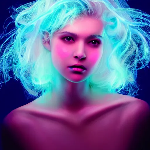 Image similar to Jellyfish glow hair, make-up, neon illuminated portrait, trending on artstation, award-winning art