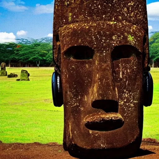 Image similar to a high detail photo of a moai wearing headphones, subject: moai, subject detail: wearing headphones