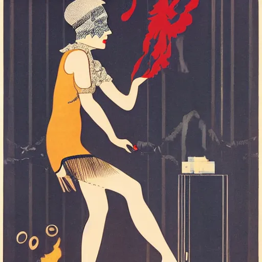 Prompt: 1 9 2 0 s flapper dancing in smoke filled speakeasy, art deco, coles phillips,