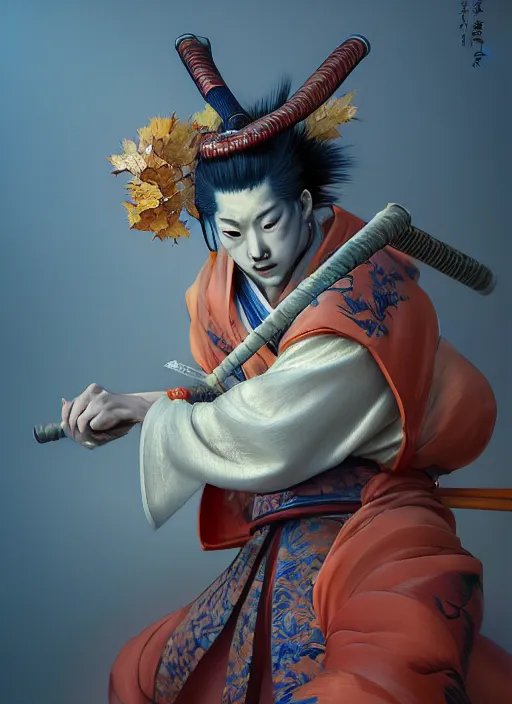 Image similar to kitsune samurai in autumn color kimono holding a blue sparrow, subsurface scattering, by jesper ejsing, justin gerard, tomasz alen kopera, cgsociety and fenghua zhong, highly detailed, rim light, cinematic lighting, illustration, art, octane render, very coherent, cinematic, hyper realism, high detail, octane render, 8 k