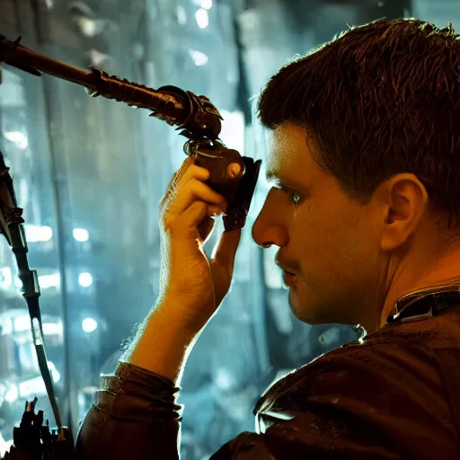 Prompt: inspecting intricate gun made from rusted cutlery, balding older cyborg with jeweller's loupe for eyes, with orange led light, smoking soldering iron, dark messy cluttered workshop, dark, dramatic lighting, cinematic, highly detailed, sci - fi, futuristic, movie still from blade runner