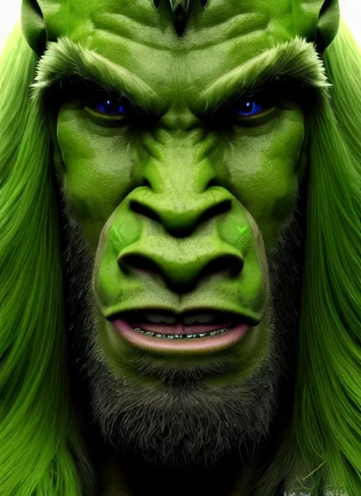 Image similar to portrait of a berserker green orc, long blond hair and beard, perfect facial symmetry + dim volumetric lighting, 8k octane beautifully detailed render, post-processing, extremely hyperdetailed, intricate, epic composition, grim yet sparkling atmosphere, cinematic lighting + masterpiece, trending on artstation