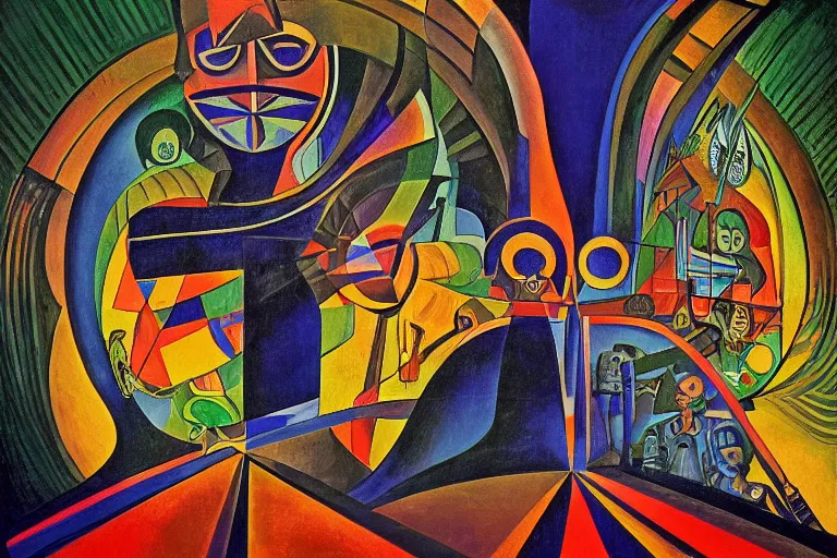 Image similar to the shaman of the subway, an art deco painting by leo and diane dillon and diego rivera, dramatic lighting, god rays, smooth, sharp focus, art brut, outsider art